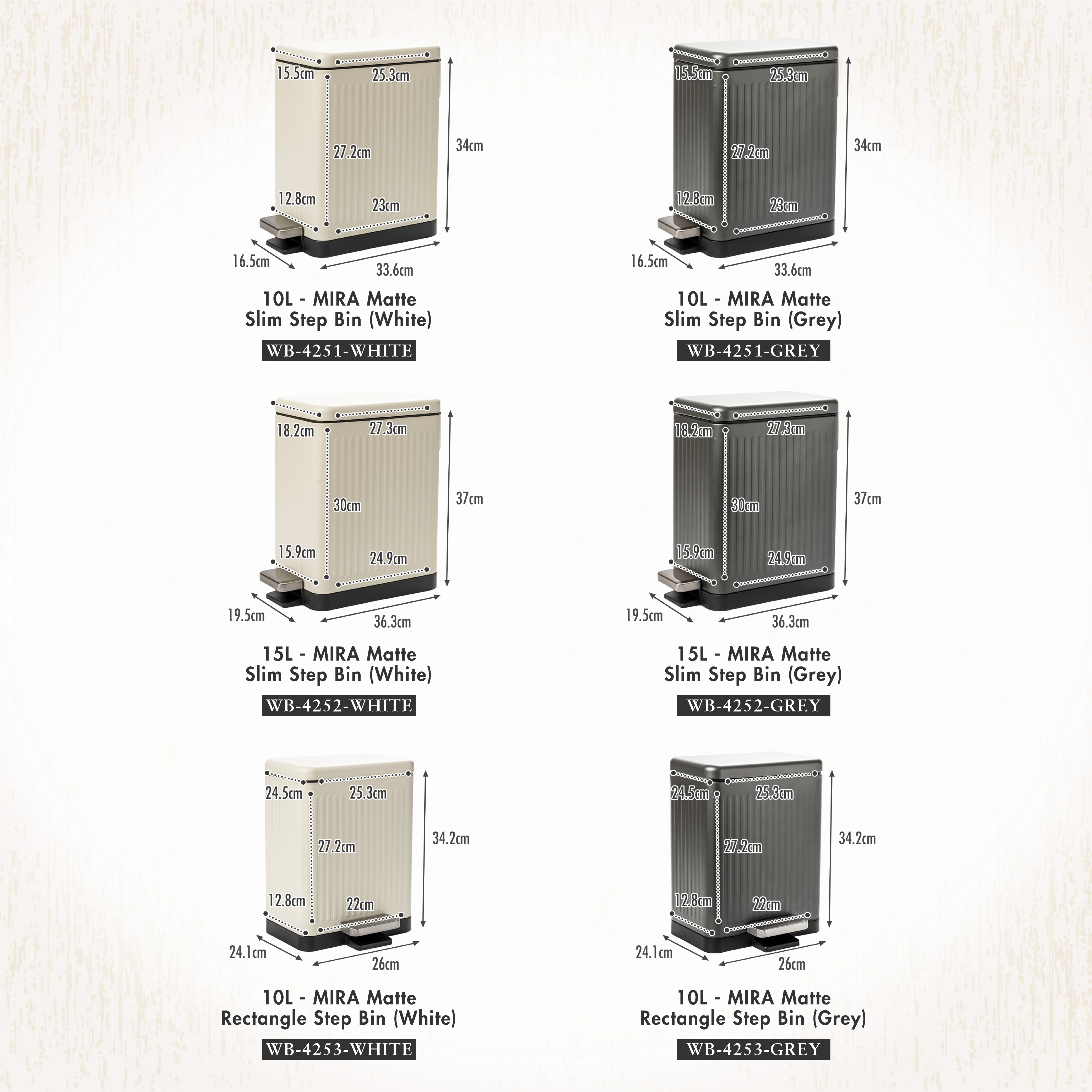 HOUZE - 8L|10L|15L MIRA Matte Slim Step Bin 2 Color [White | Grey] - Dustbin | Soft closing | Trash can | Garbage